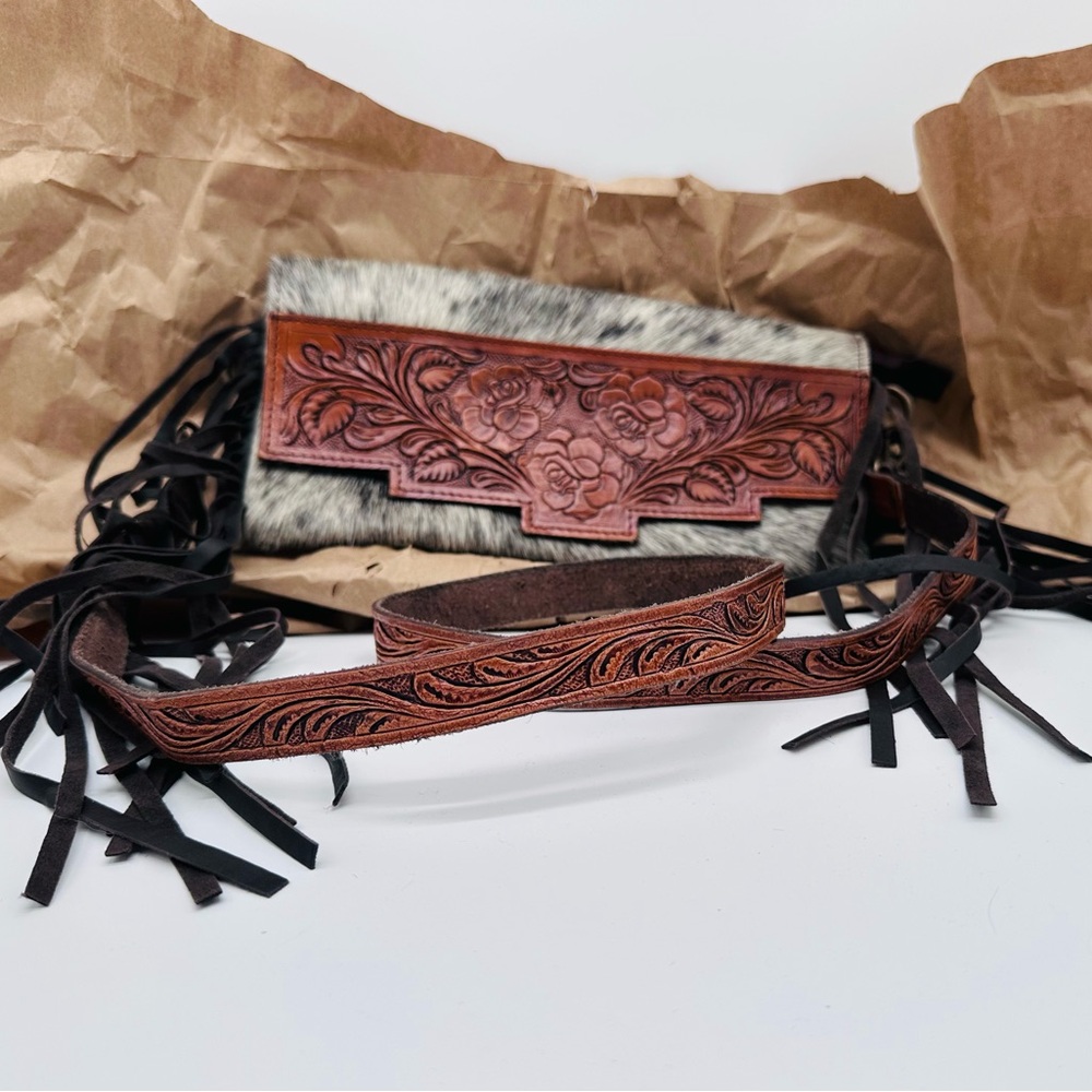 Handcrafted Leather Floral Hair On Hide Clutch Crossbody